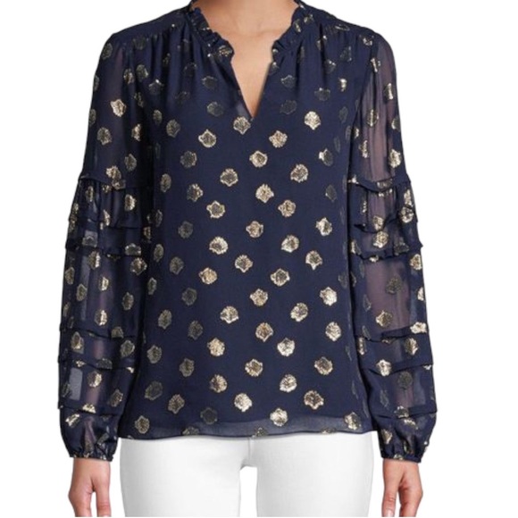 Lilly Pulitzer Giana Silk Blouse High Tide Gold Metallic Clip Navy Blue Size XL - Picture 3 of 11